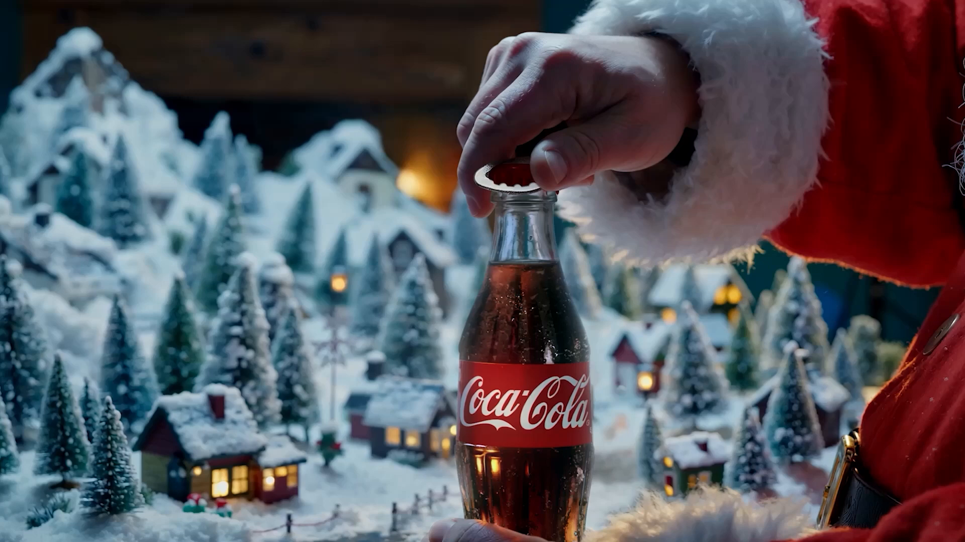 Deda Mraz otvara staklenu flašu Coca-Cole ispred snežnog maketa zimskog sela sa kućicama i osvetljenim prozorima.